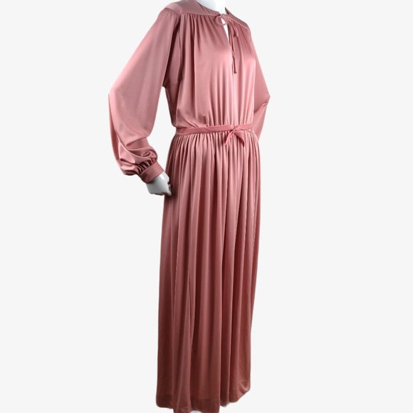 Vintage 1970s Rose Pink Slinky Maxi Dress Hostess Gown Grecian Drape Gathered M - Picture 7 of 14